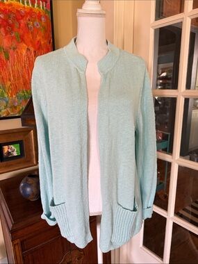 J.Jill Light Aqua Seamist Open Front Women's Sweater Cotton Cardigan L